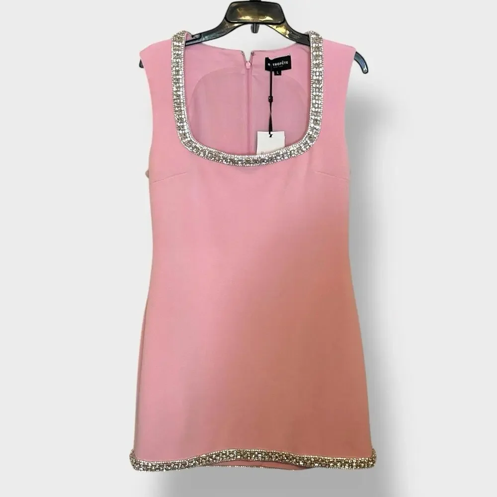 NWT 598 Retrofete Bexley Beaded Crystal Pink Mini Dress Embellished Large - Picture 2 of 14